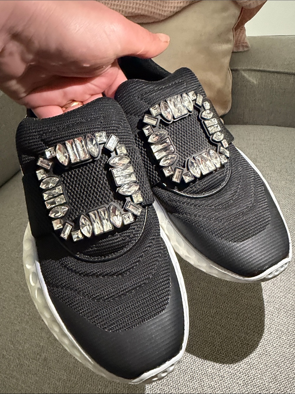 Black Slip-On Women's Sneakers with Crystal Buckle Accent